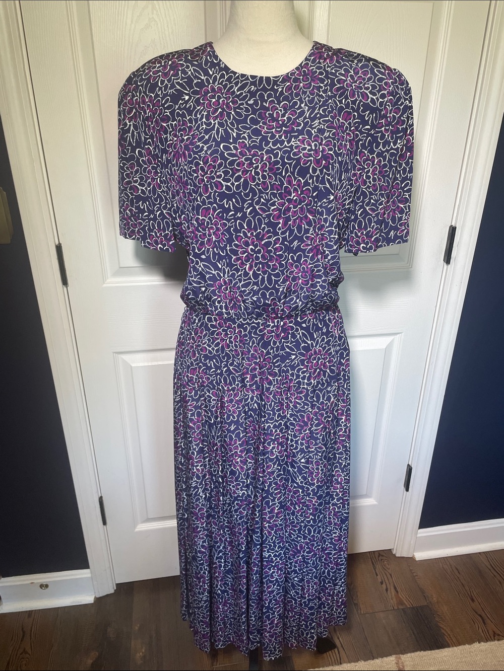 Vintage Liz Claiborne Navy Maxi Dress Purple White Floral Print Size 14